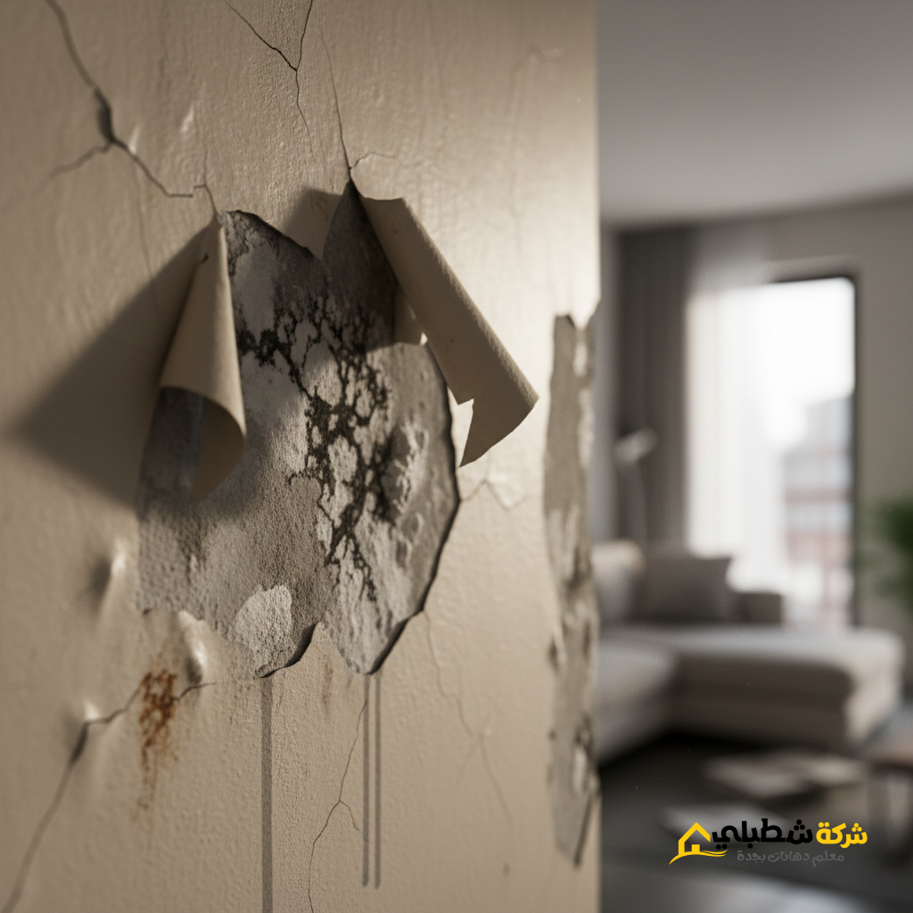 جدار يعاني من تقشر البوية والعفن الناتج عن رطوبة المناخ في جدة قبل المعالجة