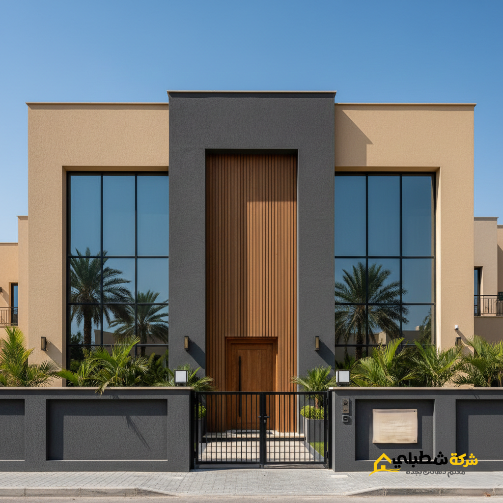 واجهة فيلا مودرن في جدة مطلية بدهان جرافيت ناعم مع نوافذ زجاجية كبيرة وتصميم عصري