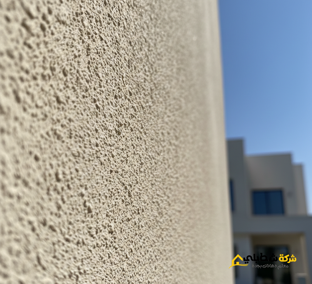 لقطة قريبة توضح ملمس دهان الجرافيت المحبب (الرش الأمريكي) على الجدران الخارجية، يظهر الحبيبات والمتانة.