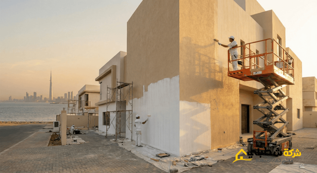 تنفيذ أعمال دهانات وتشطيبات خارجية لفيلا مودرن في جدة بواسطة فريق "شطبلي"، يظهر احترافية ترميم الواجهات واستخدام دهانات الجرافيت والبروفايل .