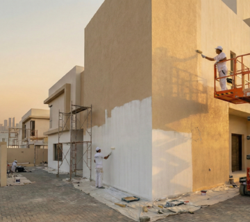 تنفيذ أعمال دهانات وتشطيبات خارجية لفيلا مودرن في جدة بواسطة فريق "شطبلي"، يظهر احترافية ترميم الواجهات واستخدام دهانات الجرافيت والبروفايل  