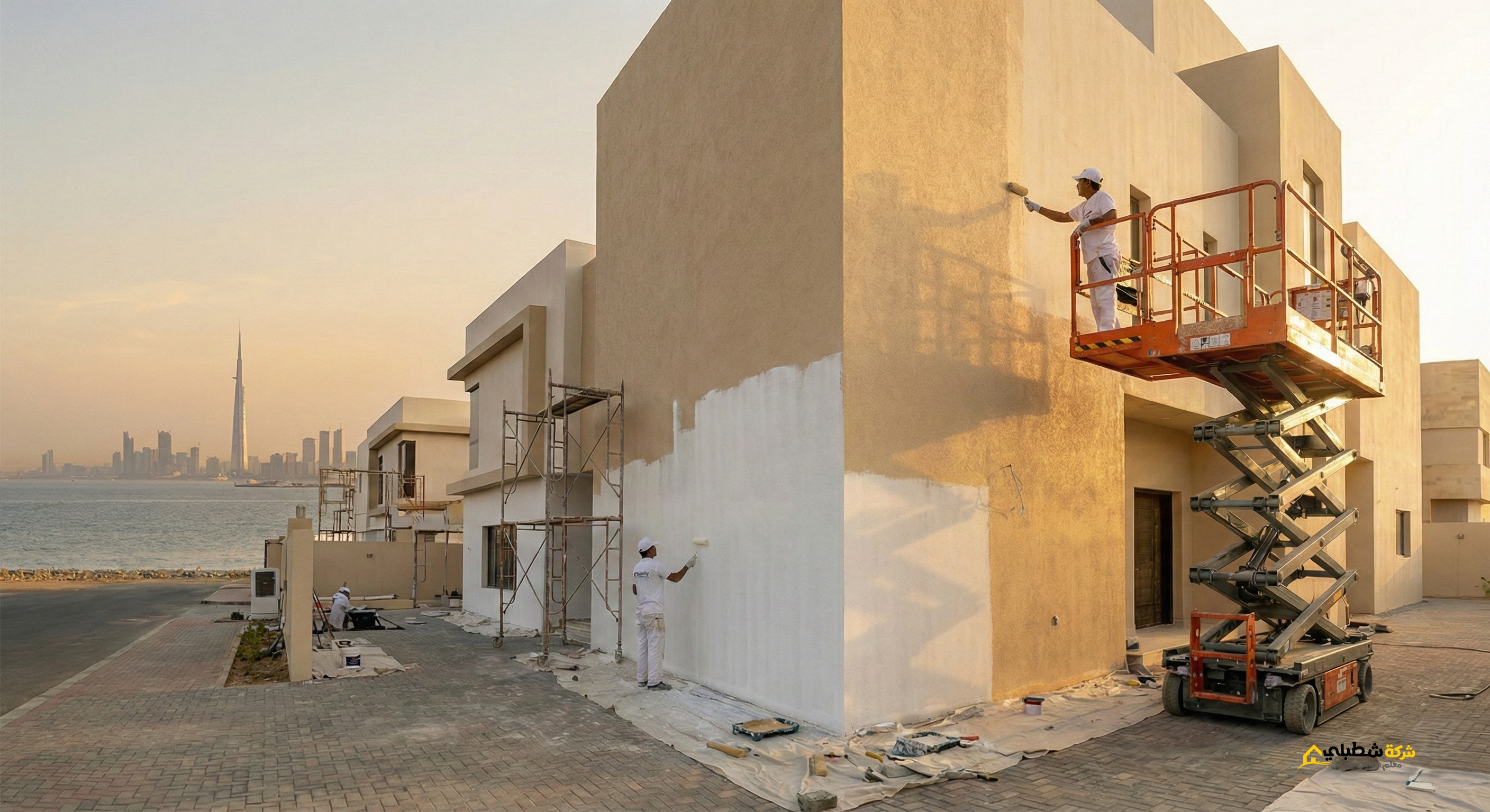 تنفيذ أعمال دهانات وتشطيبات خارجية لفيلا مودرن في جدة بواسطة فريق "شطبلي"، يظهر احترافية ترميم الواجهات واستخدام دهانات الجرافيت والبروفايل .