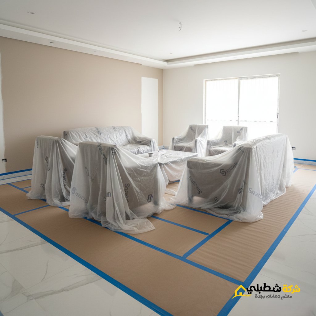 صالة منزل تخضع لعملية دهان احترافية، حيث تظهر قطع الأثاث مغطاة بالكامل بالبلاستيك والأرضيات محمية بالورق المقوى لضمان نظافة الموقع.