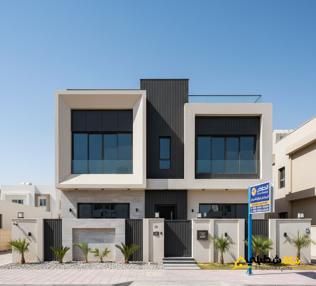 تصميم واجهة فيلا مودرن في جدة بألوان أبيض ورمادي، توضح احترافية شركة دهانات بجدة في تنفيذ دهان واجهات خارجية مودرن.