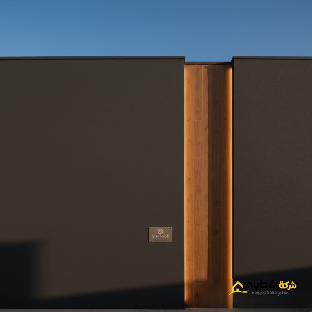 لقطة مقربة لجدار خارجي مطلي بلون دافئ مع لمسة ديكور خشبية وإضاءة رأسية، تبرز ملمس الدهان الخارجي المقاوم للعوامل الجوية.