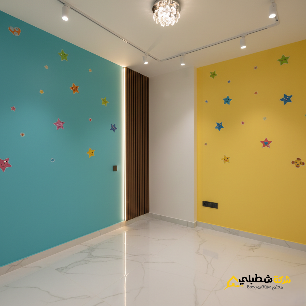 دهانات غرفة أطفال بألوان حيوية (أزرق سماوي وأصفر) مزينة بملصقات نجوم، مع فاصل ديكور خشبي وإضاءة سقف حديثة.