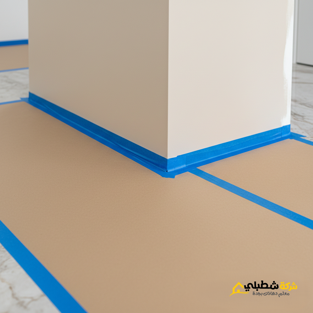 صورة قريبة لزاوية جدار داخلية تظهر الخطوط الحادة والنظيفة بين لونين مختلفين، مع استخدام شريط اللاصق الاحترافي لحماية النعلات والأرضية.