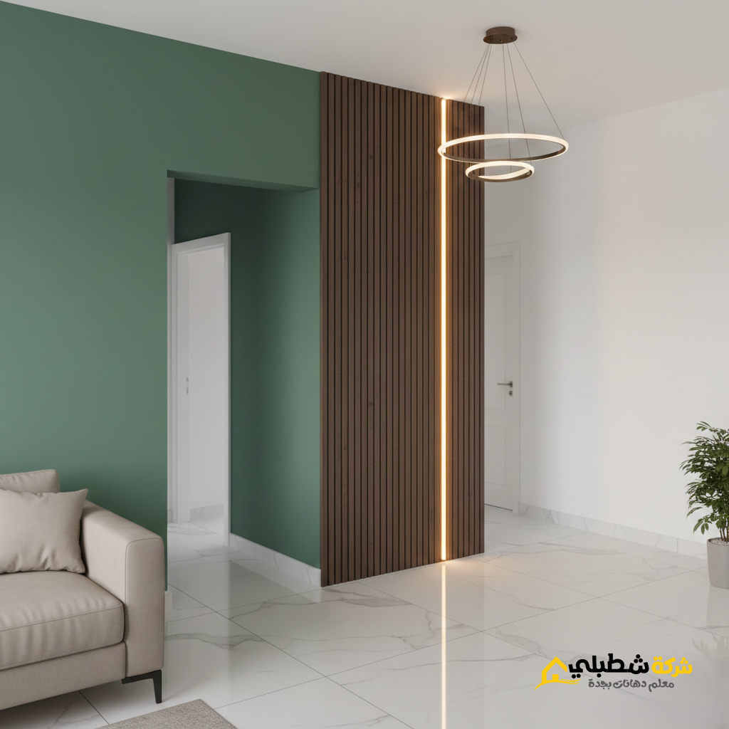 تصميم داخلي لغرفة معيشة يجمع بين جدار مطلي باللون الأخضر المطفأ وديكور خشبي طولي مع إضاءة مخفية، يظهر دقة التنفيذ وتشطيب الجدران.