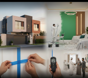 تجميعة صور احترافية تستعرض مراحل العمل من فحص الرطوبة وحماية الأثاث إلى النتيجة النهائية لواجهات الفلل والتصاميم الداخلية المودرن 