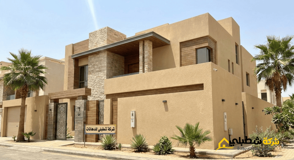 واجهة فيلا مودرن في جدة تم تنفيذها بواسطة مقاول دهانات جدة شركة شطبلي، تظهر دهان جرافيت سيجما للواجهات بألوان رملية عصرية وتنسيق حدائق.