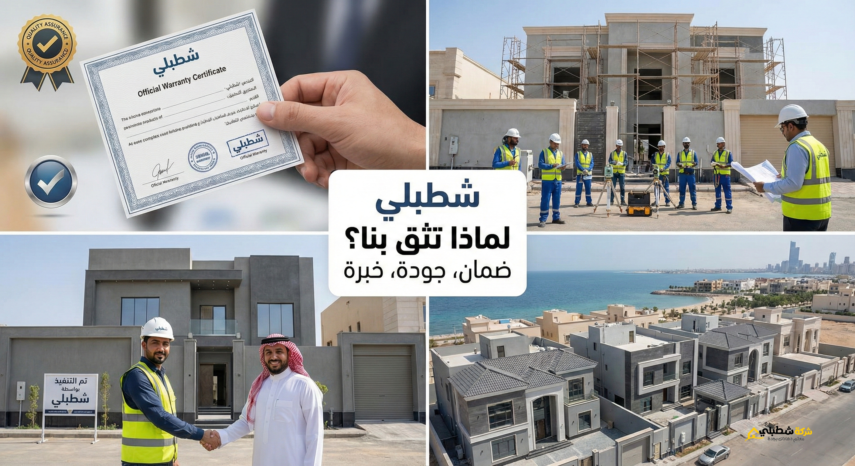 صور مجمعة لفريق عمل شطبلي وشهادات الضمان ومشاريع تم تنفيذها في أحياء جدة.