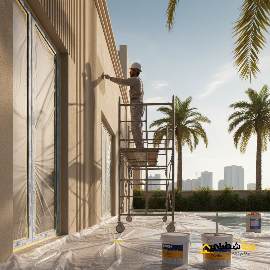 معلم دهانات بروفايل في جدة يقوم بهان واجهة منزل باستخدام دهانات جوتن