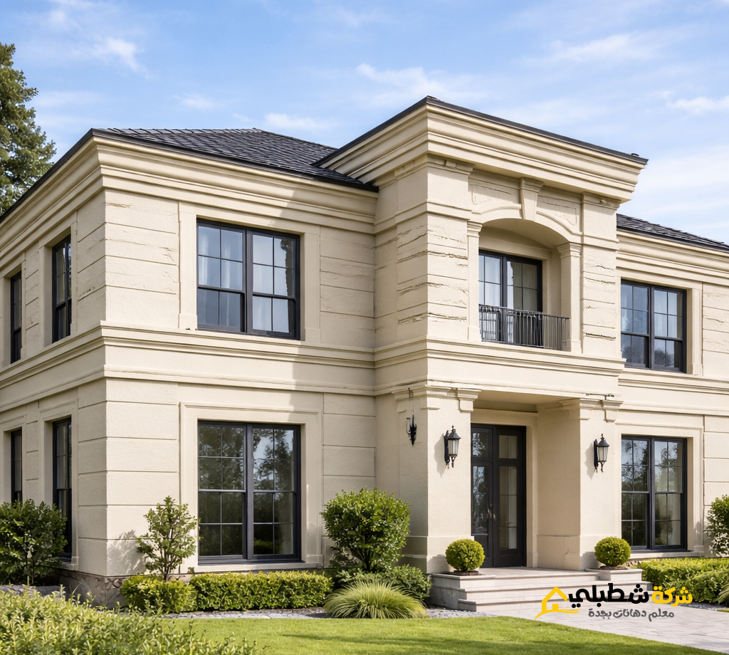 مبنى سكني كامل مدهون بدهان بروفايل، يوضح المظهر الكلاسيكي للواجهة.