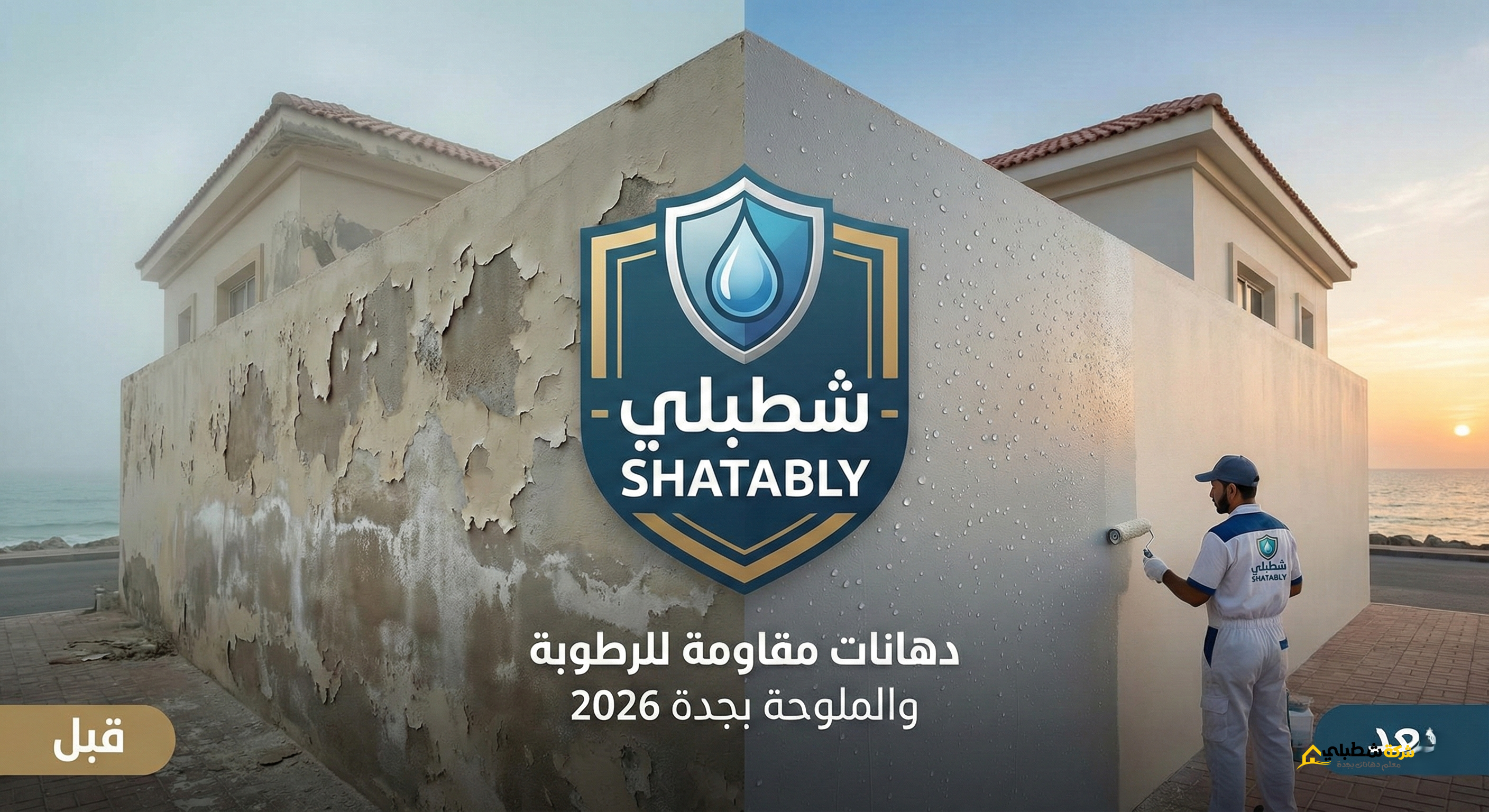 مقارنة قبل وبعد استخدام دهانات مقاومة للرطوبة والملوحة بجدة على فيلا ساحلية