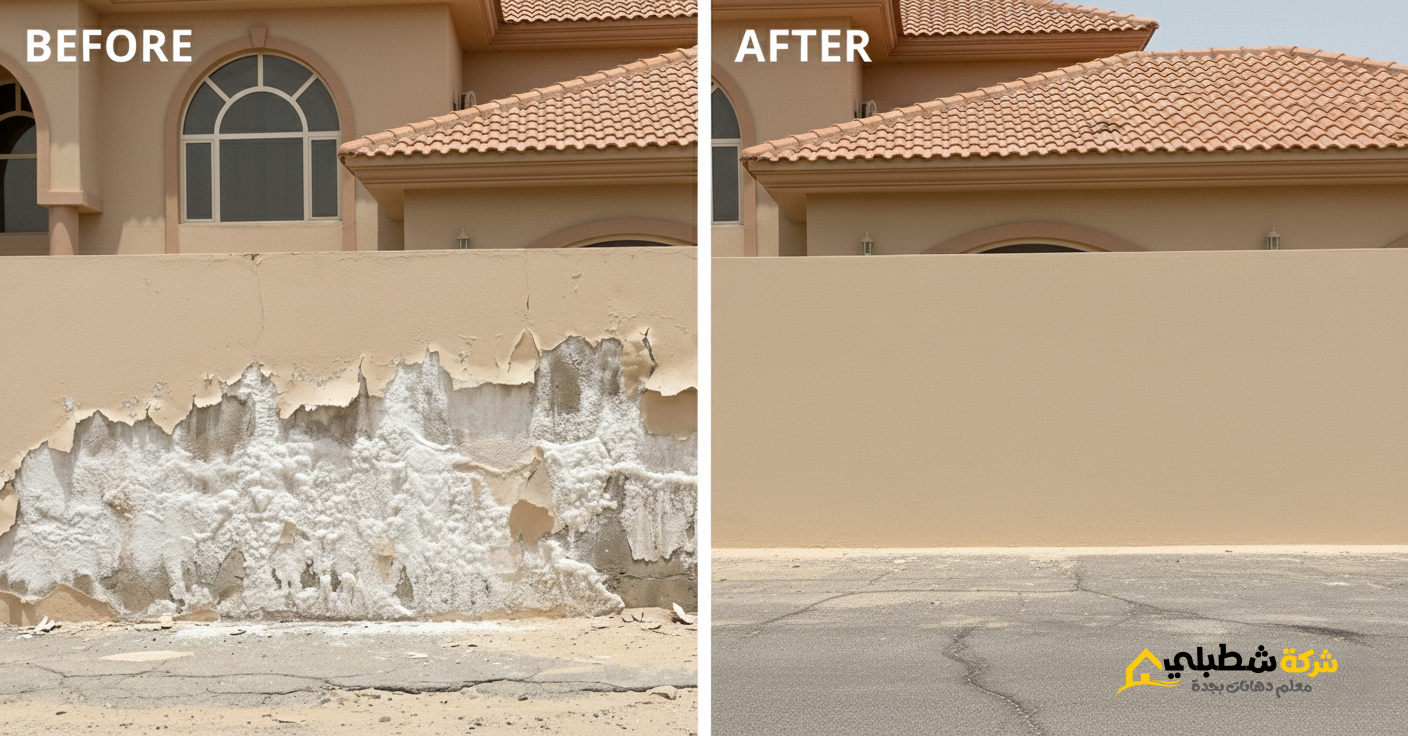 صوره قبل وبعد لمبني كان يعاني من التقشير وتم اصلاحه