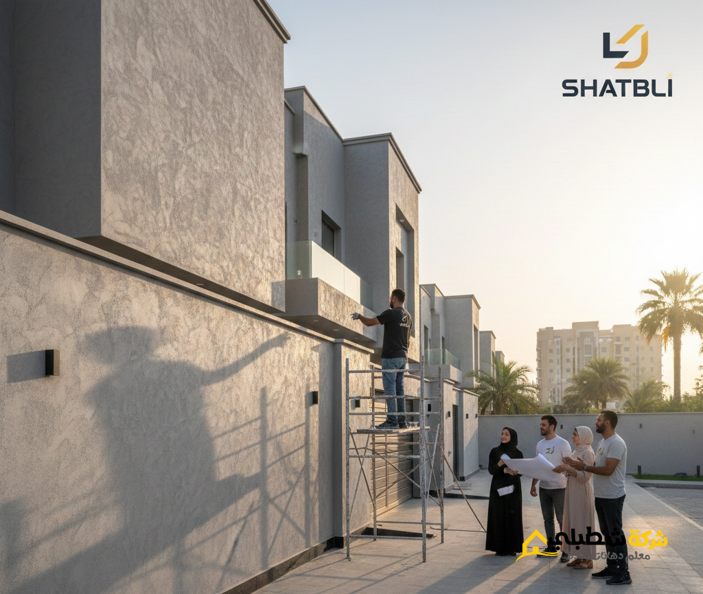 فني دهانات جرافيت جدة من شركة شطبلي يقوم بتنفيذ أعمال دهانات البروفايل والرشات الخارجية لواجهة فيلا مودرن في مدينة جدة.