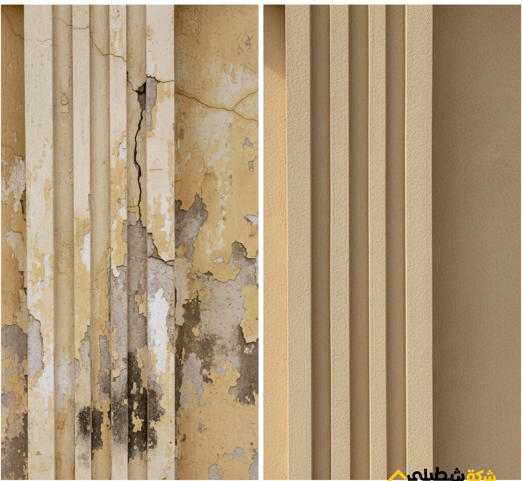 قبل وبعد ترميم واجهة مبنى قديم باستخدام رشات الجرافيتو الأمريكية في جدة