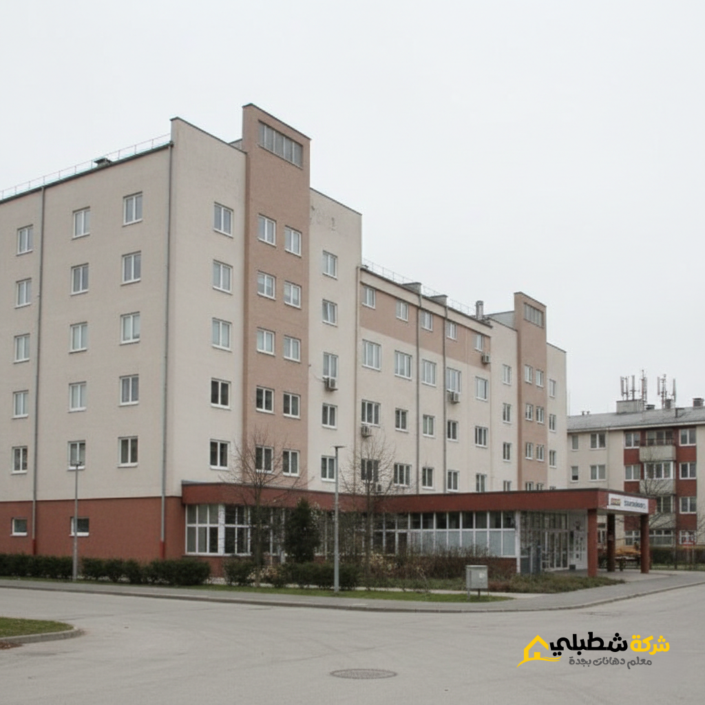 واجهة مبني مودرن بجدة منفذة بدهانات جرافيتو وبروفايل شركة شطبلي في ضوء النهار.