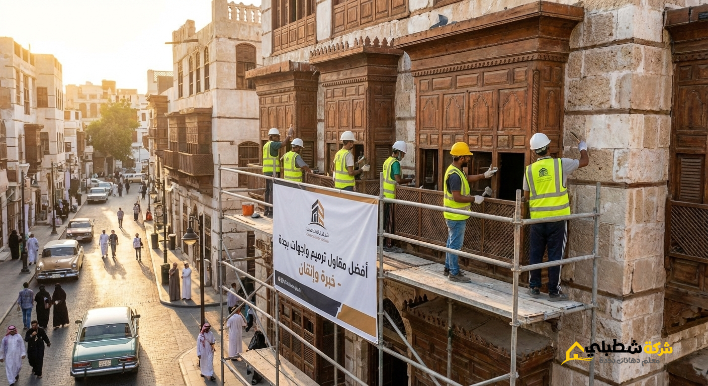 اشخاص يقومو بترميم مبني بجدة بواسطه مقاول ترميم واجهات بجدة