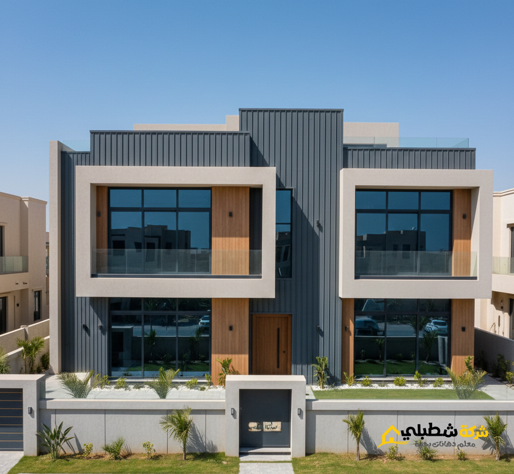 واجهة فيلا بتصميم معماري معاصر في جدة، تجمع بين دهانات البروفايل الرمادية وتكسيات الواجهات الخشبية والزجاجية الحديثة.