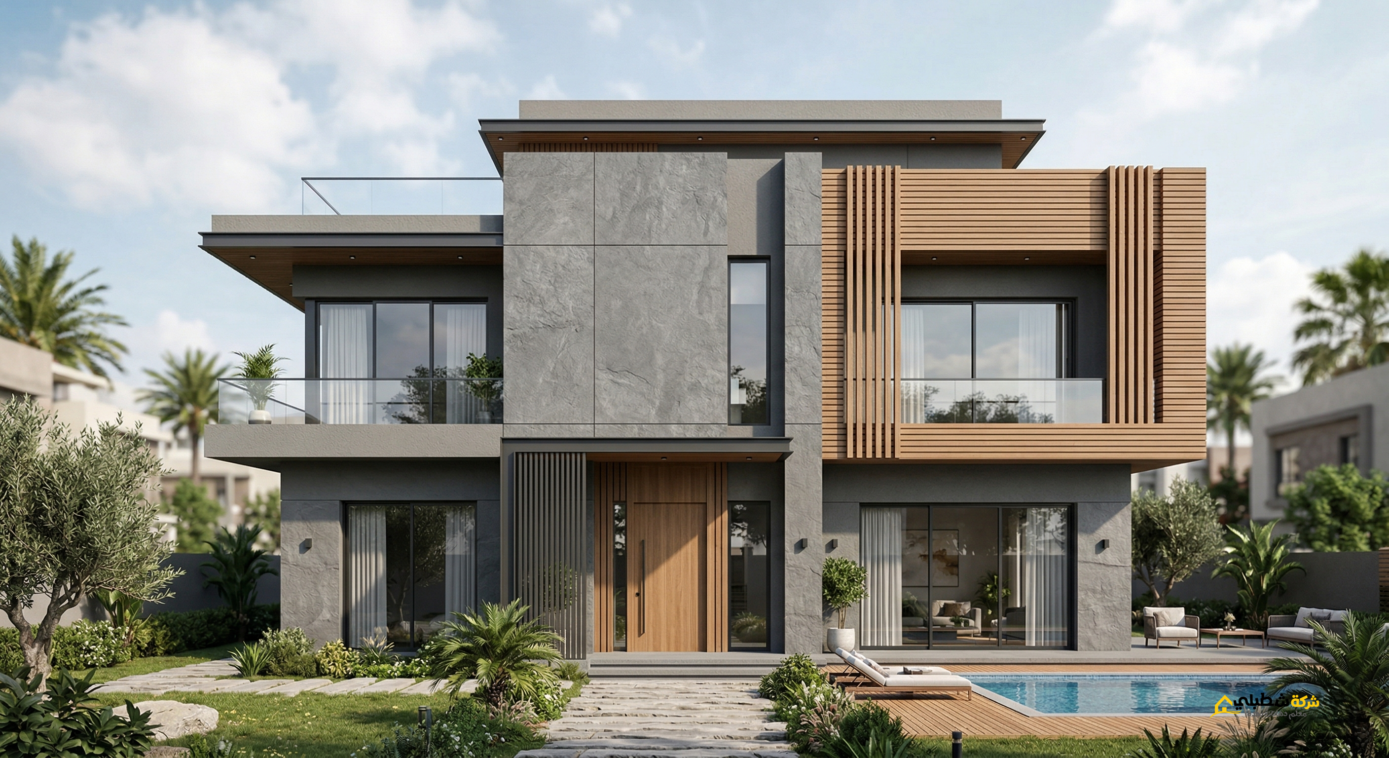 تصميم ثلاثي الأبعاد لفيلا فاخرة في جدة يجمع بين رش الجرافيت الفاتح والبروفايل الرمادي مع ديكورات خشبية عصرية.