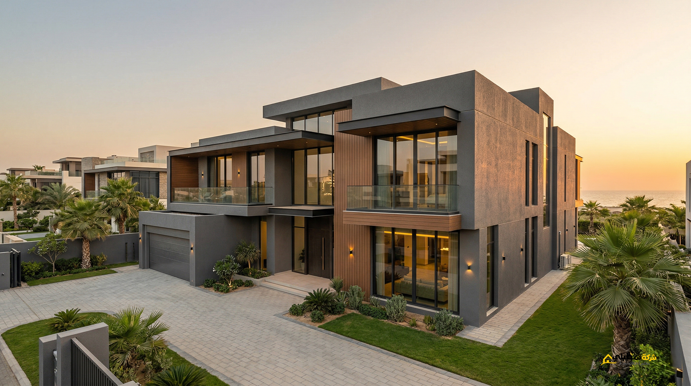 واجهة فيلا مودرن في جدة مدهونة بالجرافيت الرمادي الفاخر بتنفيذ شطبلي.