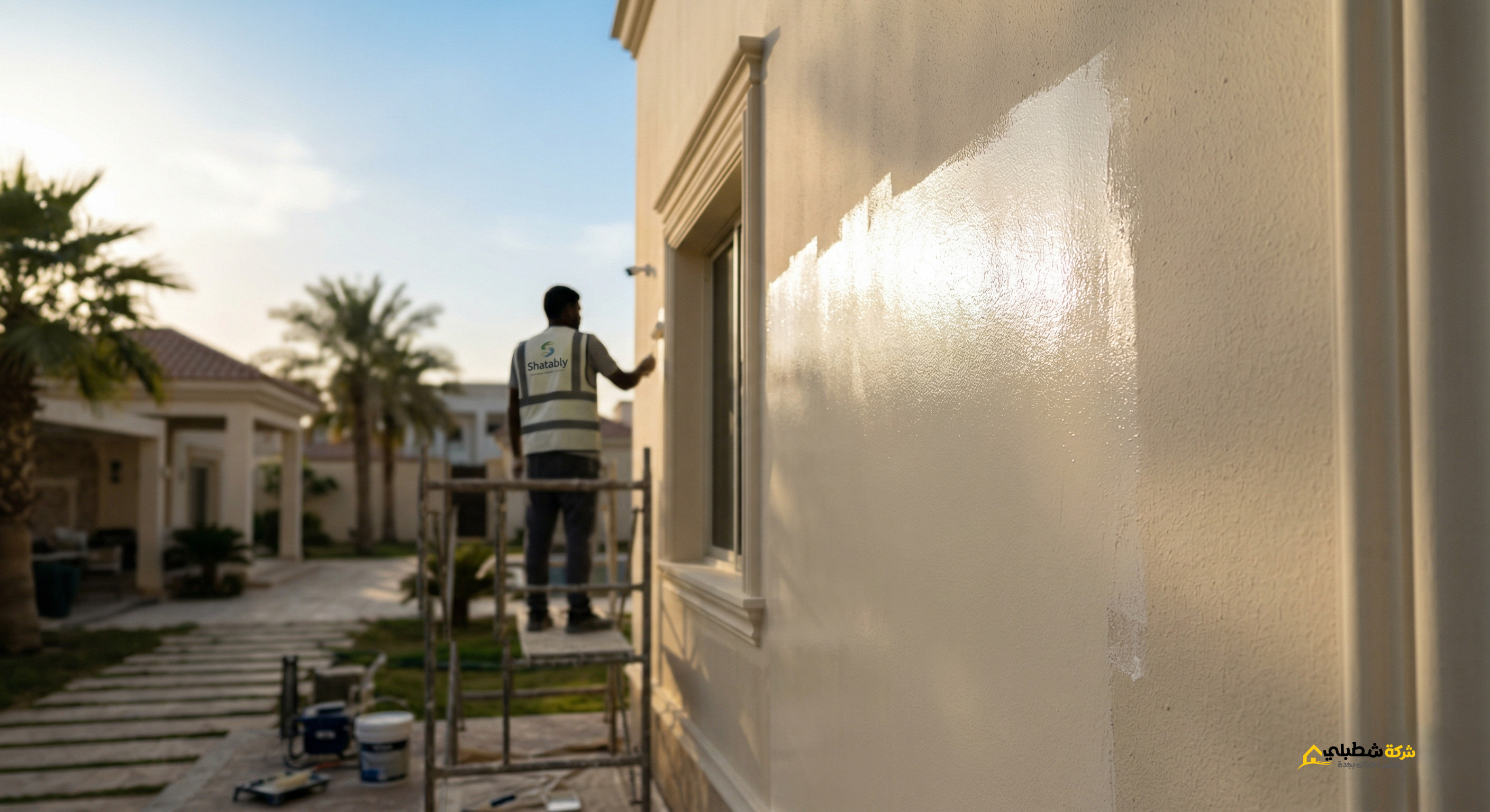 جانب من واجهة فيلا بجدة أثناء عملية التشطيب، حيث تظهر لمعة الدهان الأكريليكي النقي الذي يعكس الحرارة ويقاوم رطوبة البحر، مما يضمن عدم تقشر الواجهة في المناطق الساحلية مثل أبحر والشاطئ.