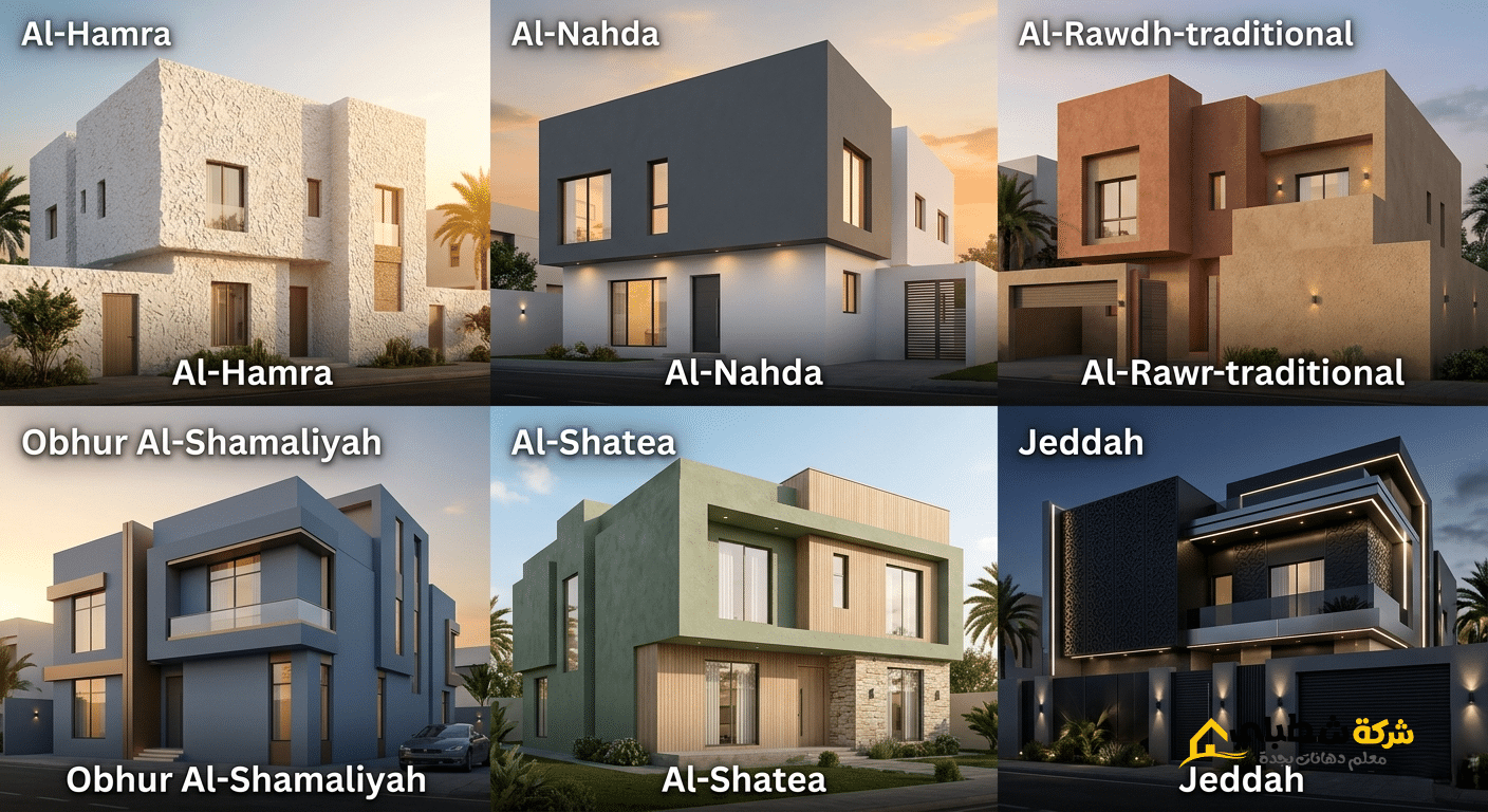 مجموعة صور لفلل متنوعة في أحياء جدة مثل حي الشاطئ والنهضة والحمراء توضح تنوع ألوان الدهانات.