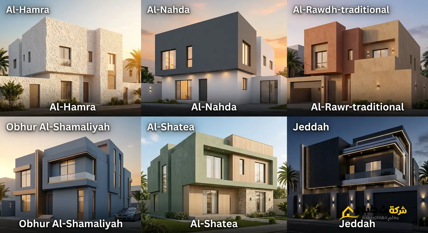 مجموعة صور لفلل متنوعة في أحياء جدة مثل حي الشاطئ والنهضة والحمراء توضح تنوع ألوان الدهانات.