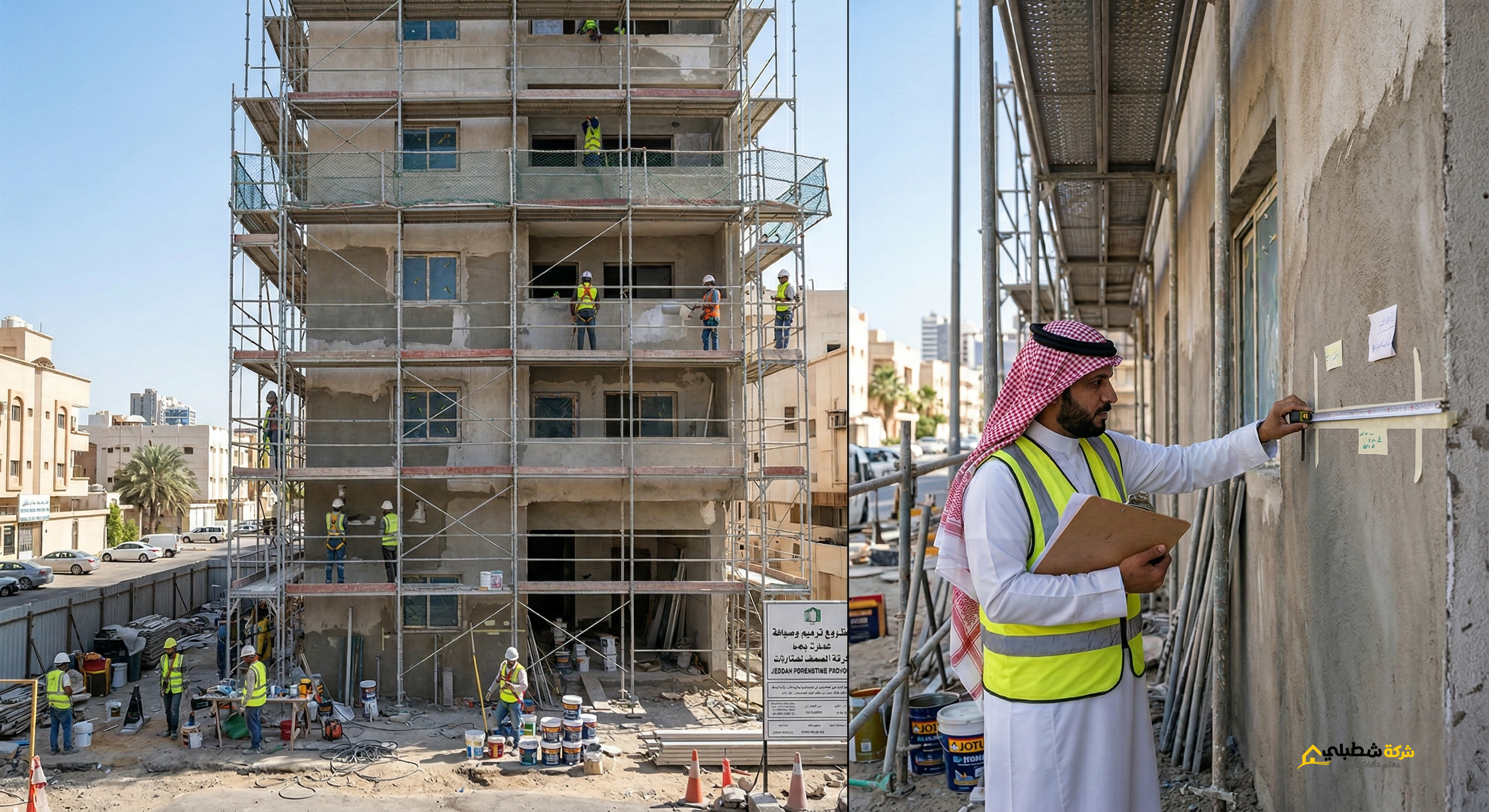 صورة واقعية لمبنى سكني في جدة يخضع للتجديد، السقالات الاحترافية تغطي الواجهة. مقاول (فورمان) بالزي السعودي التقليدي يقف في الأسفل ممسكاً بلوحة ملاحظات ومتر قياس لتقييم المساحة بدقة قبل بدء تطبيق دهان الجرافيت، في بيئة عمل منظمة واحترافية