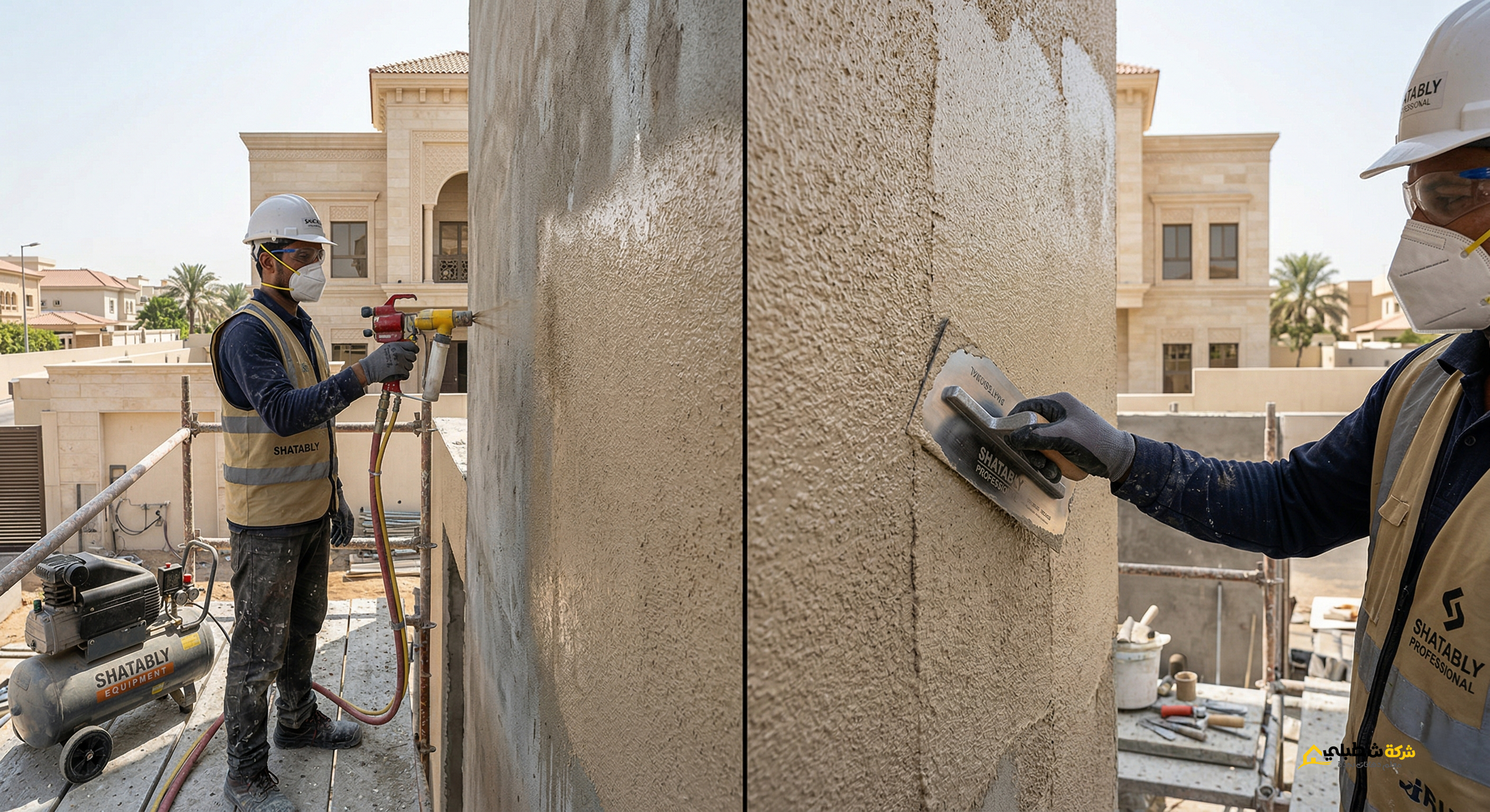 صورة مقارنة فنية مقسومة (Split-Screen) لطرق تنفيذ الجرافيت بجدة. الجزء الأيسر يظهر فني شطبلي يستخدم "مسدس الرش الأمريكي" (الكمبروسر) للحصول على مظهر حبيبي منتظم بسرعة. الجزء الأيمن يظهر معلم دهان يستخدم "البروة" (اليدوية) لتنعيم النقشة، مما يبرز تباين القوام والأسلوب وذالك التنفيذ عن طريق ارخص معلم جرافيت في جدة