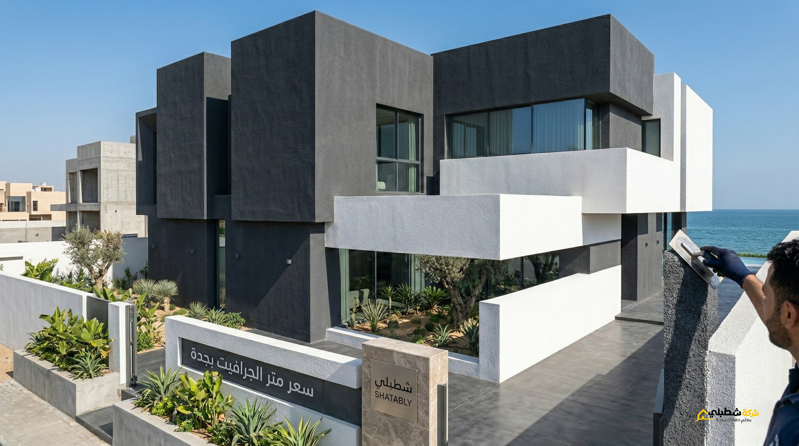 واجهة مودرن لفيلا بجدة تجمع بين اللون الرمادي والأبيض بدهانات الجرافيت، توضح تناسق الألوان مع سعر متر الجرافيت بجدة.