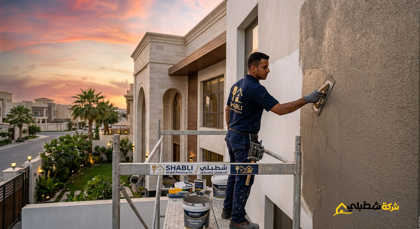 فني دهانات يرتدي زي العمل الرسمي لشركة "شطبلي"، يقوم بفرد دهان الجرافيت على جدار فيلا كبيرة بجدة باستخدام "المالج" باحترافية، في وقت الغروب مع إضاءة طبيعية دافئة]