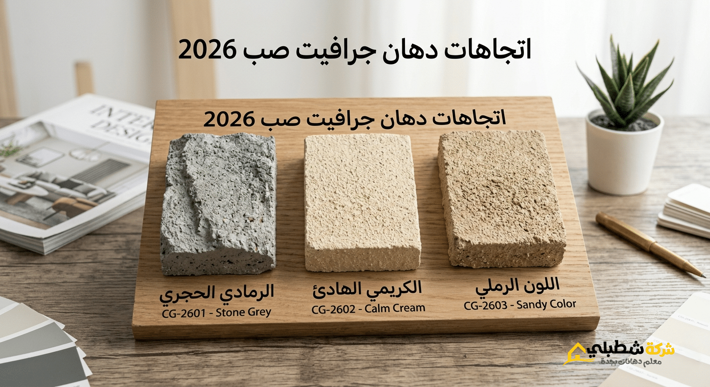 لوحة ألوان (Color Palette) تعرض تدرجات دهان جرافيت صب لعام 2026، تشمل الرمادي الحجري، الكريمي الهادئ، واللون الرملي، مع عينات ملموسة تظهر خشونة المادة]