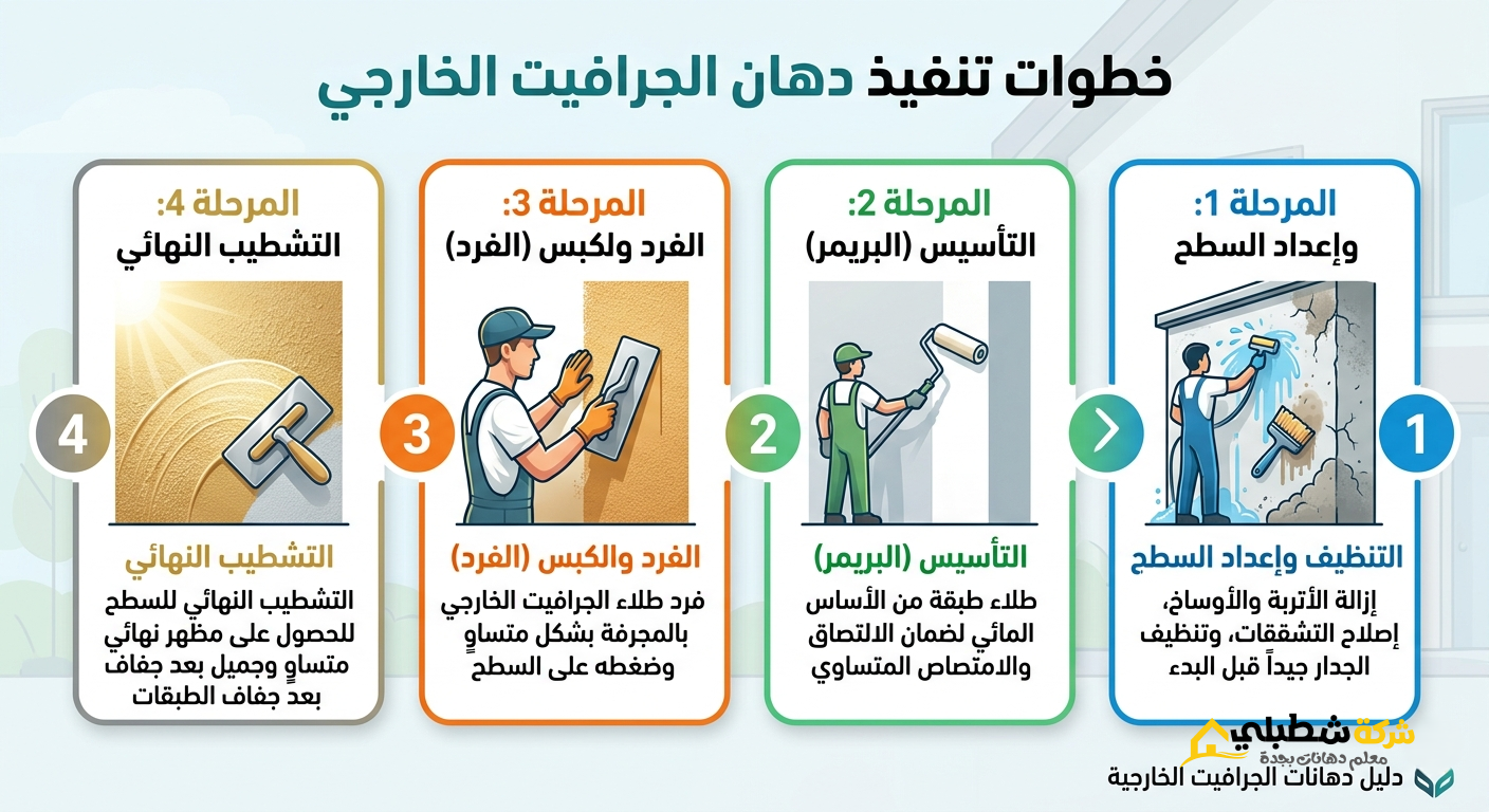 إنفوجرافيك يوضح خطوات تنفيذ دهان الجرافيت الخارجي في 4 مراحل، مع أيقونات بسيطة تعبر عن التنظيف، التأسيس، الفرد، والتشطيب النهائي]