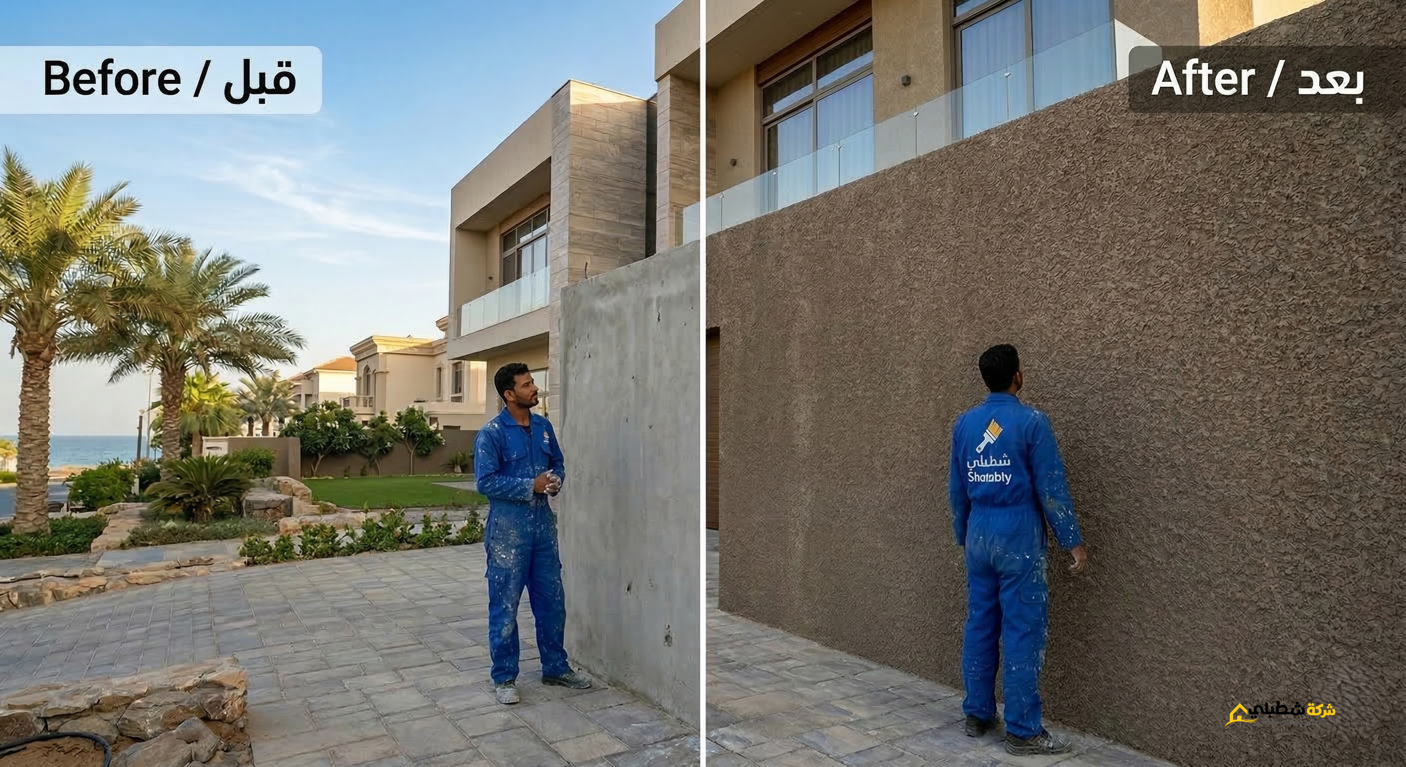 تحويل الجدران الخرسانية الخام إلى تحف معمارية. شاهد الفرق الجذري بين الجدار غير المكتمل (قبل) والتشطيب المصقول والطلاء المحكم (بعد)، الذي تم تنفيذه بخبرة شاتسلي