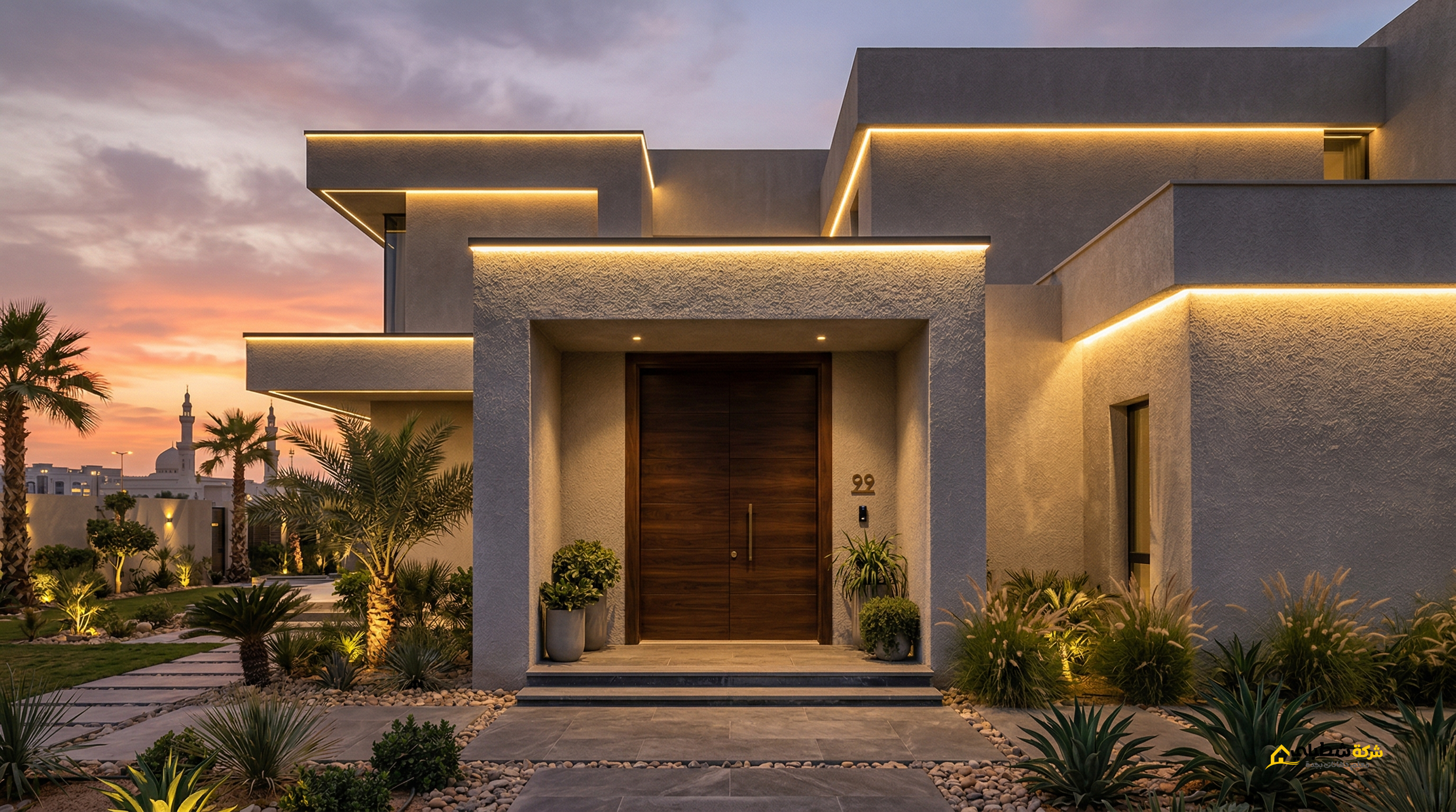 تصميم واجهة فيلا مودرن في جدة بدهان جرافيت رمادي مع إضاءة مخفية من تنفيذ شركة شطبلي.