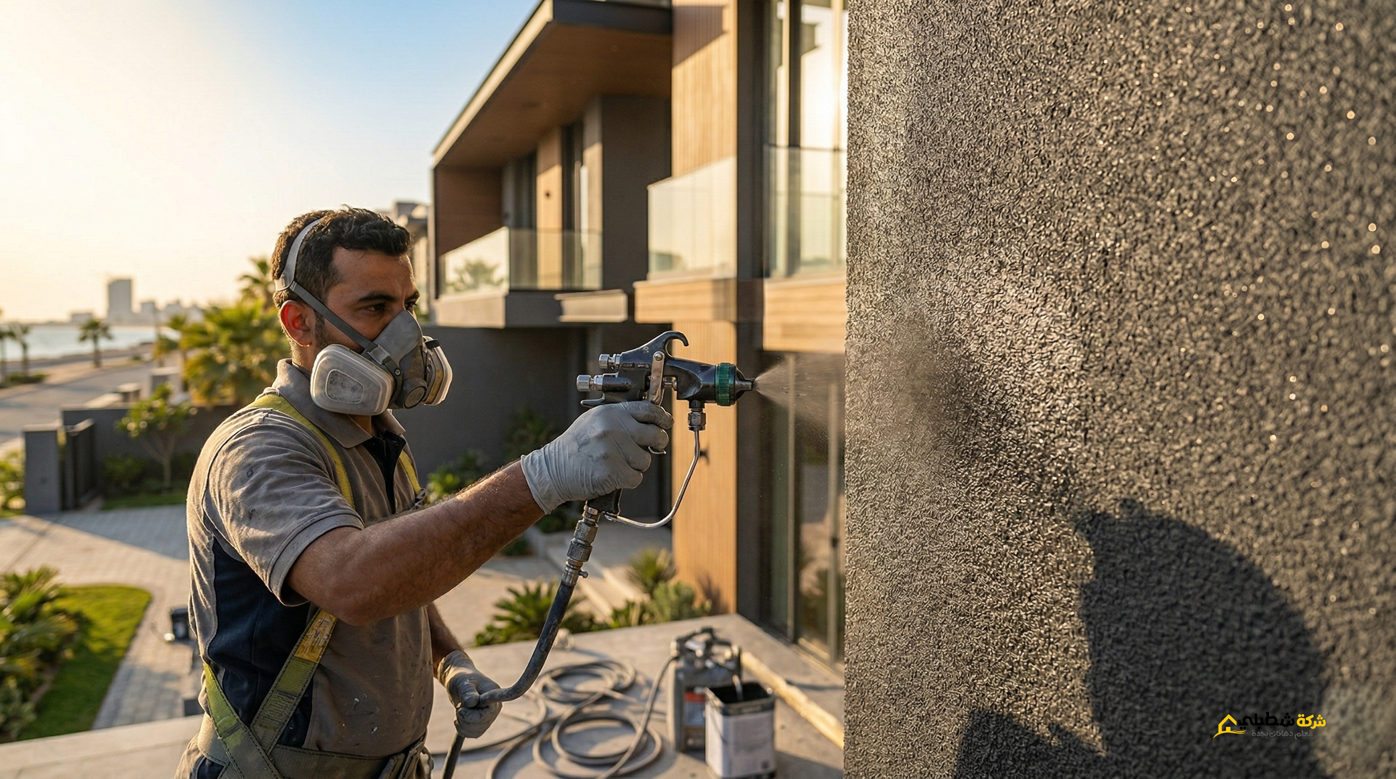 معلم دهانات محترف يستخدم ماكينة الرش الأمريكي لتنفيذ الجرافيت في جدة.