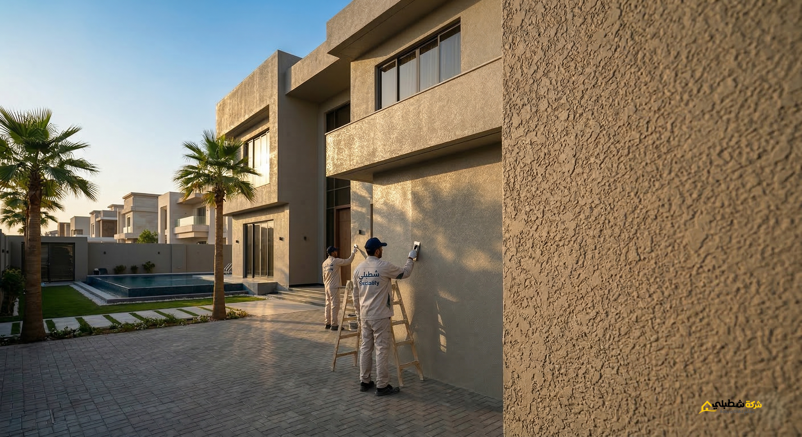 صورة مقسمة توضح عملية تجديد واجهة فيلا حديثة. على اليسار، جدار خرساني خام غير مكتمل (قبل). على اليمين، تظهر نفس الواجهة بعد تطبيق طلاء محكم فاخر (بعد)