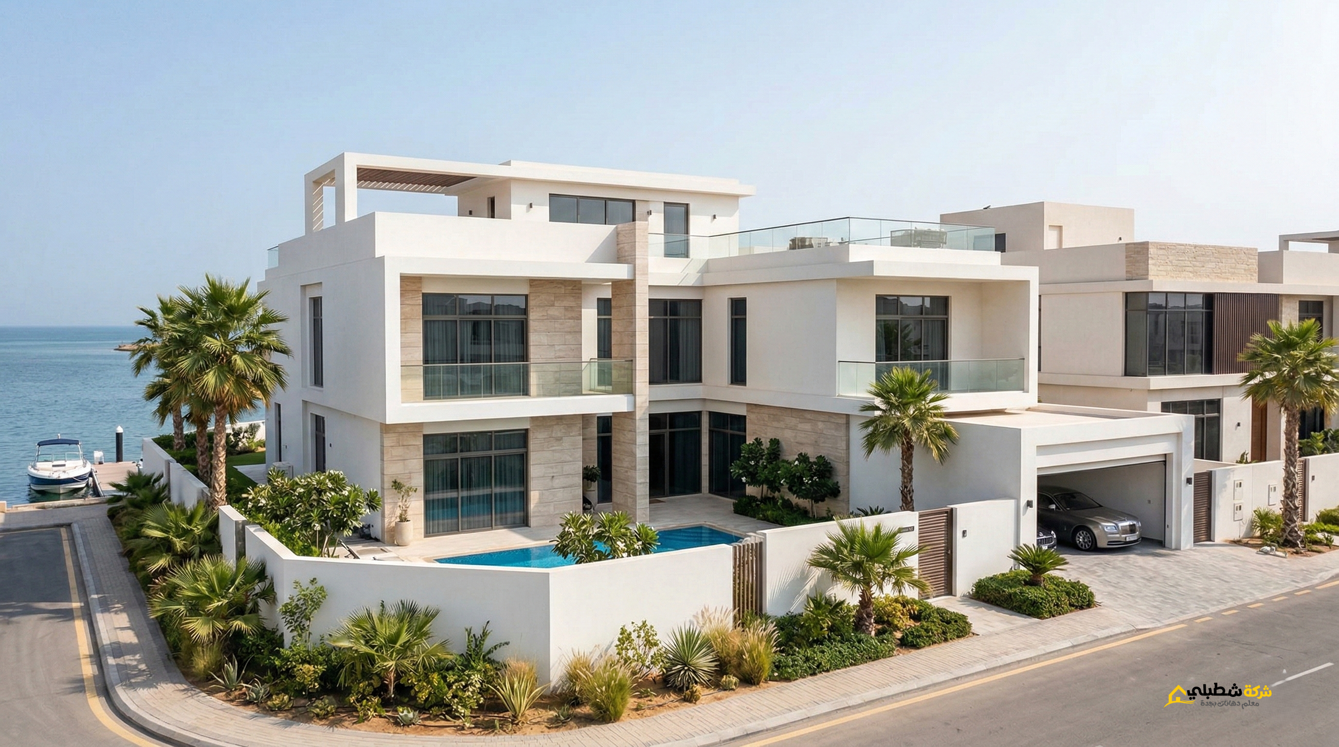 تصميم واجهة فيلا سكنية في حي أبحر الشمالية بجدة منفذة بدهان الجرافيت المقاوم للرطوبة والملوحة من شركة شطبلي.