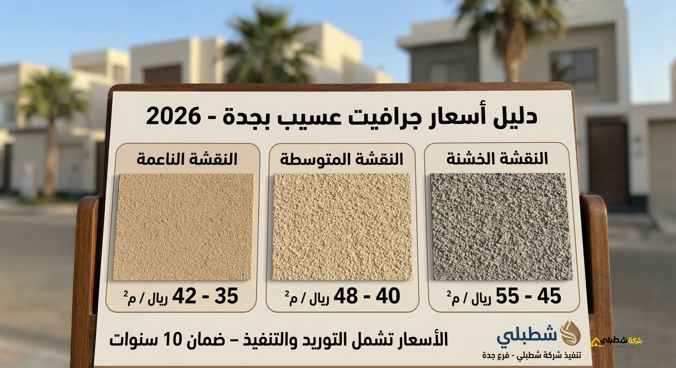 اللوحة مقسمة إلى ثلاثة أقسام، تمثل العينات الثلاثة التي ولدناها سابقاً (ناعم، وسط، خشن)، مع وضع نطاق سعر متر جرافيت عسيب بجدة بارز لكل نوع بالريال السعودي (35-42، 40-48، 45-55)
