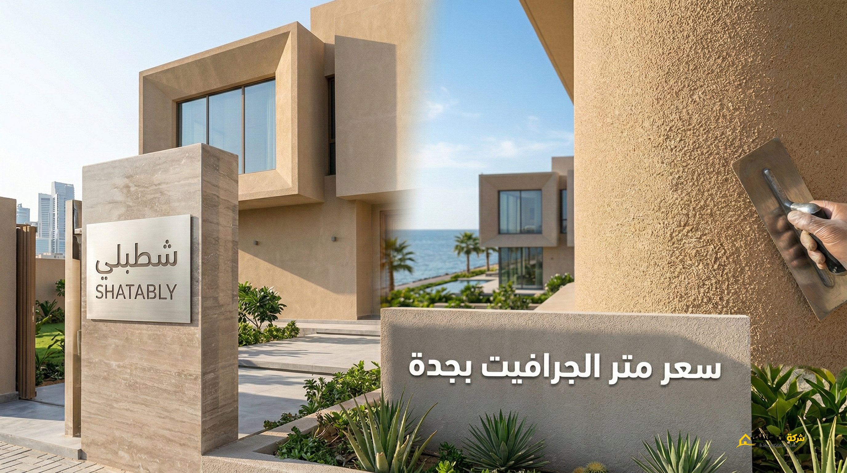 سعر متر الجرافيت بجدة - فني شركة شطبلي يقوم بتنفيذ دهان جرافيت خارجي لفيلا مودرن في أبحر المطلة على البحر.