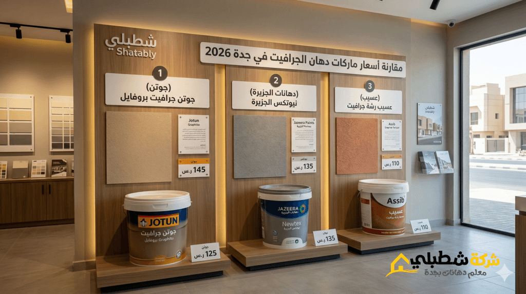 لوحة مقارنة ماركات وسعر جردل دهان الجرافيت في جدة 2026 في السعودية تشمل دهانات جوتن والجزيرة وعسيب في معرض شطبلي.