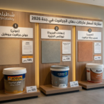 لوحة مقارنة ماركات وسعر جردل دهان الجرافيت في جدة 2026 في السعودية تشمل دهانات جوتن والجزيرة وعسيب في معرض شطبلي 