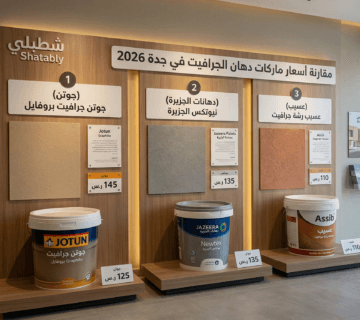 لوحة مقارنة ماركات وسعر جردل دهان الجرافيت في جدة 2026 في السعودية تشمل دهانات جوتن والجزيرة وعسيب في معرض شطبلي 