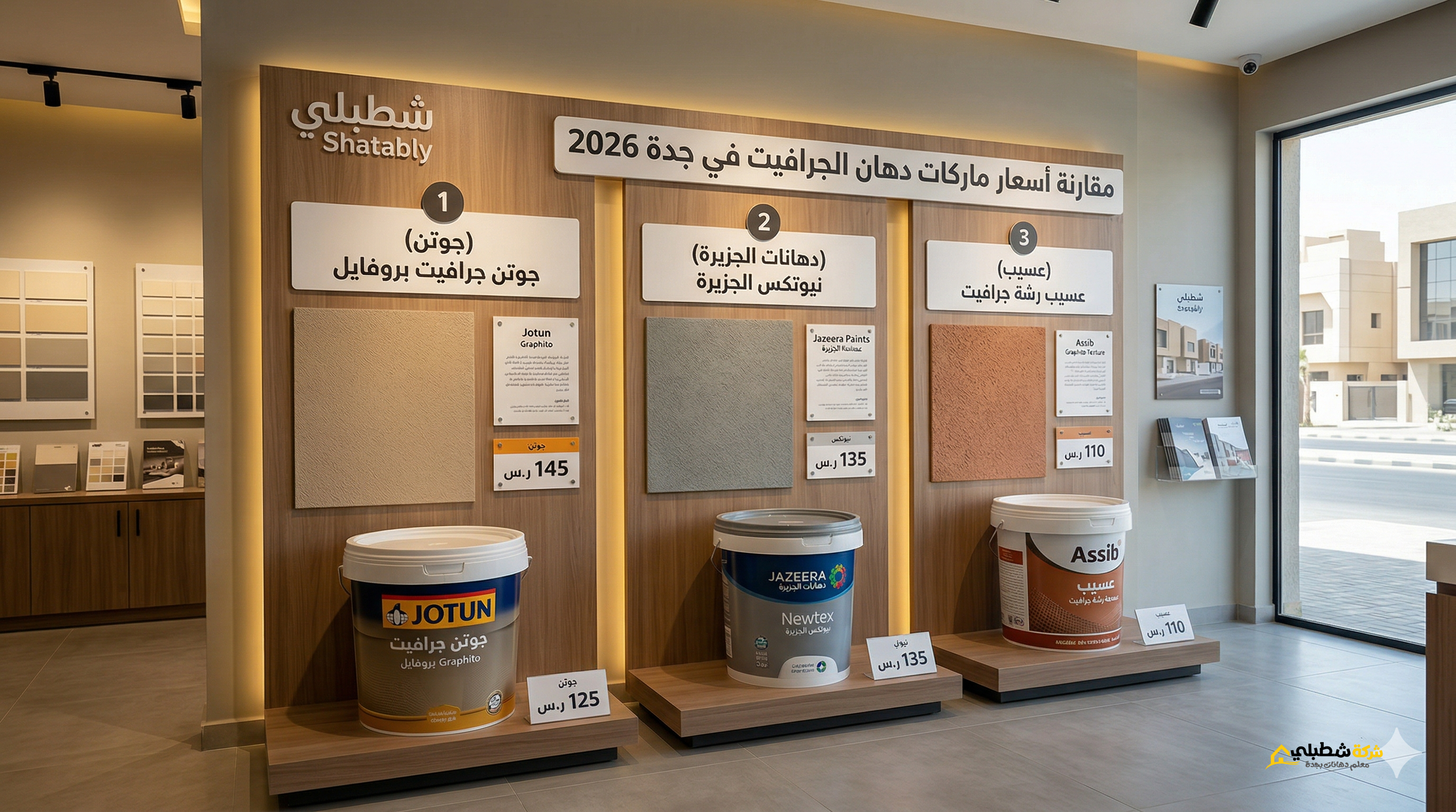 لوحة مقارنة ماركات سعر جردل دهان الجرافيت في جدة 2026 في السعودية تشمل دهانات جوتن والجزيرة وعسيب في معرض شطبلي.
