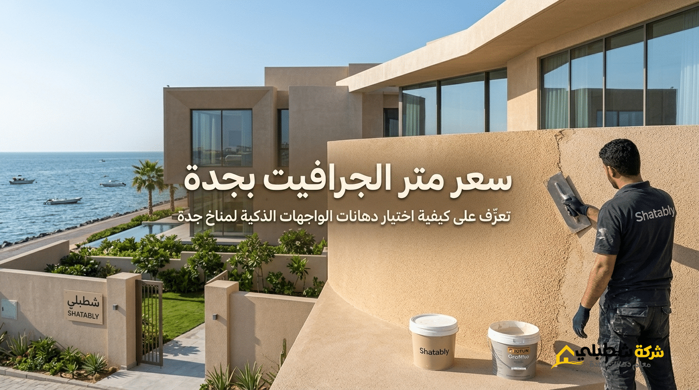 سعر متر الجرافيت بجدة - فني شركة شطبلي يقوم بتنفيذ دهان جرافيت خارجي لفيلا مودرن في أبحر المطلة على البحر.