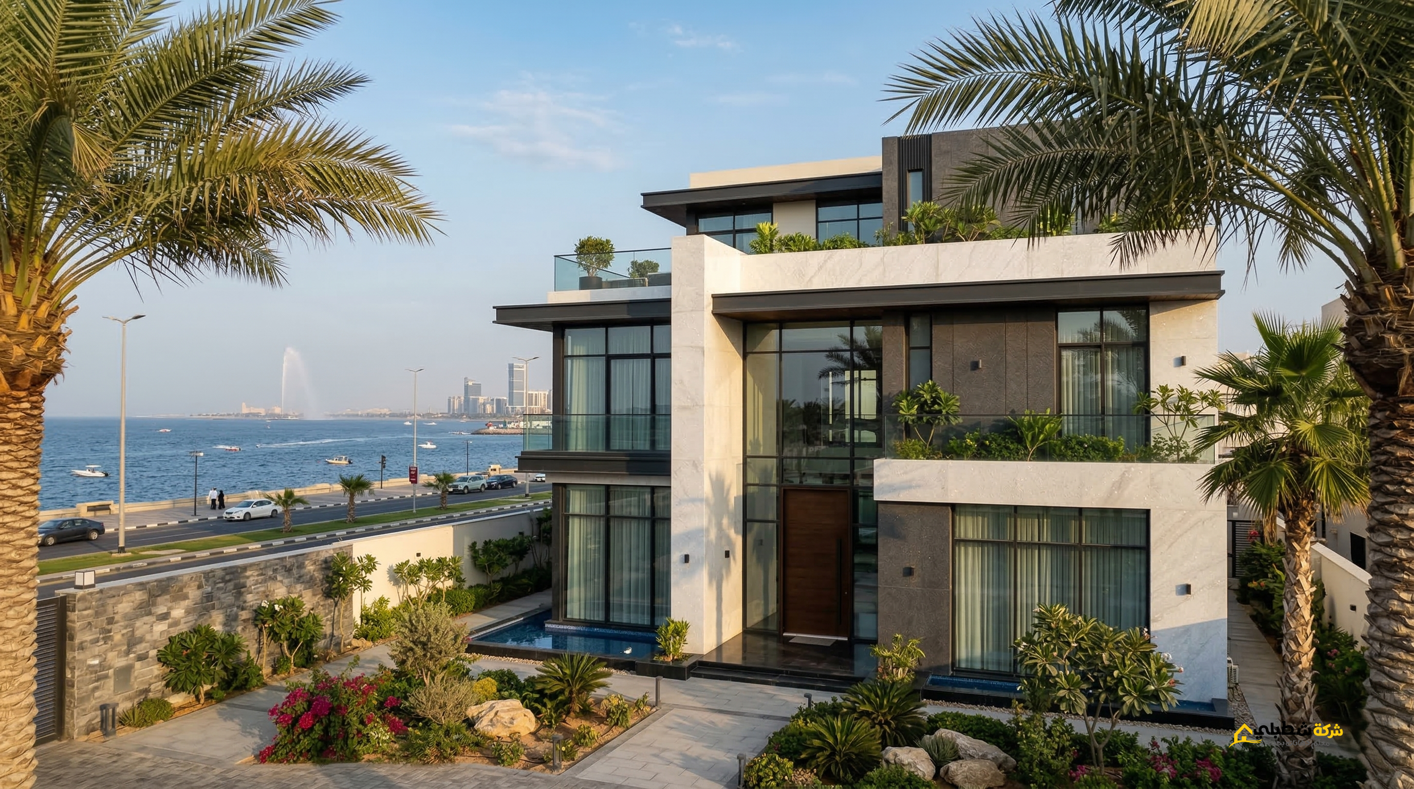 فيلا فخمة بالقرب من الكورنيش تظهر كفاءة الرشات الخارجية في مقاومة الظروف المناخية القاسية بفضل مواد التأسيس المتطورة.