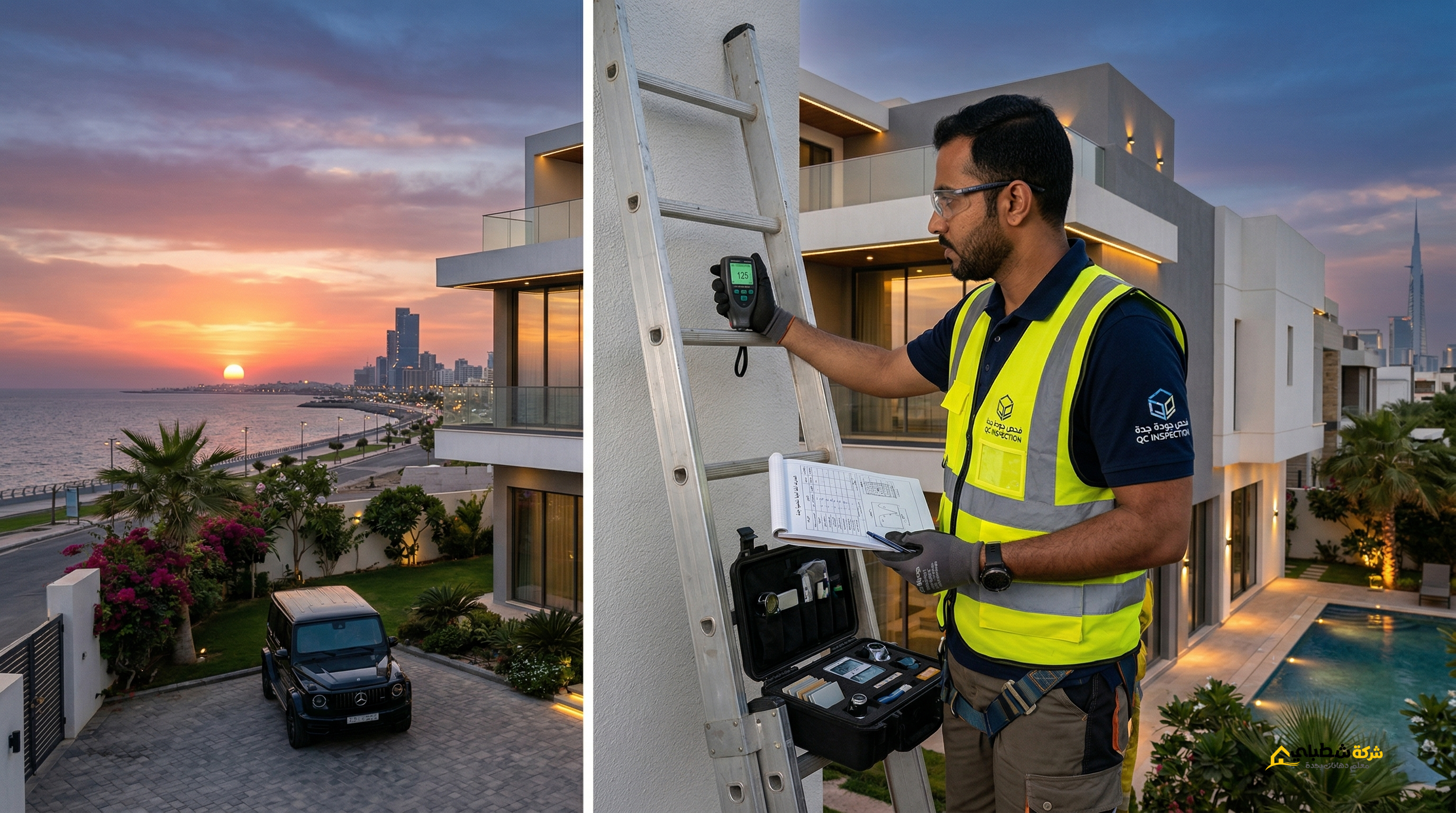 مهندس جودة يقيس سماكة دهان الجرافيت الخارجي لضمان مطابقة مواصفات وكذالك سعر رش الجرافيت الخارجي بجدة .