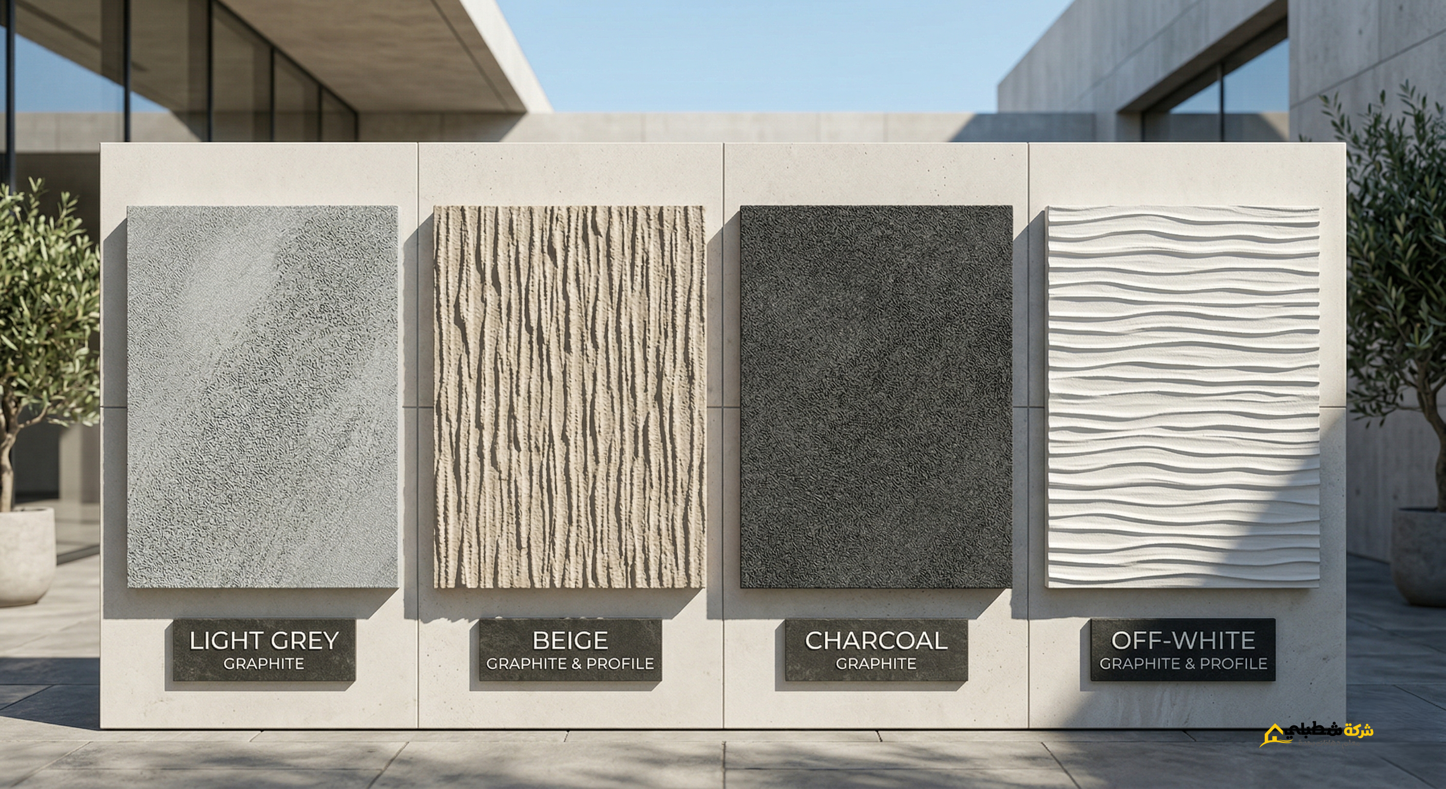 عينات حية من تصنيع شركة "شطبلي" لأحدث صيحات ألوان الواجهات في جدة (رمادي، بيج، فحم، أوف وايت)، تظهر الفرق بين ملمس الجرافيت الحبيبي ونقشات البروفايل العميقة لتسهيل الاختيار على العميل.